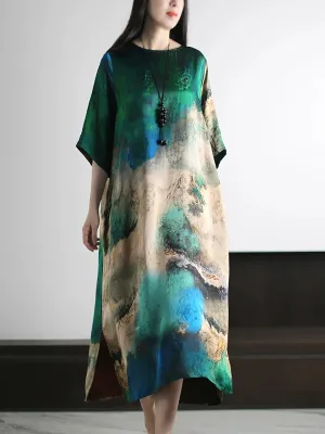 Women Summer Artsy Print O-Neck Silk Loose Dress