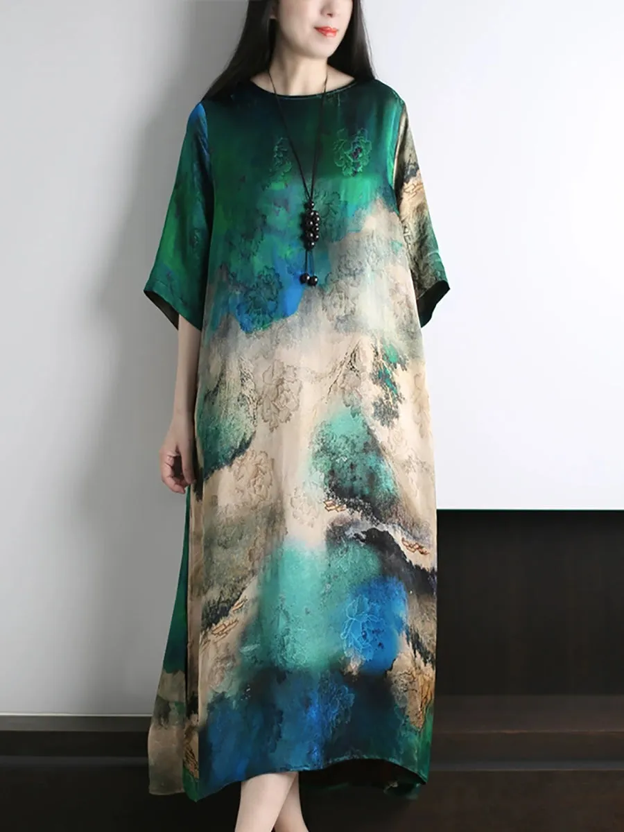 Women Summer Artsy Print O-Neck Silk Loose Dress
