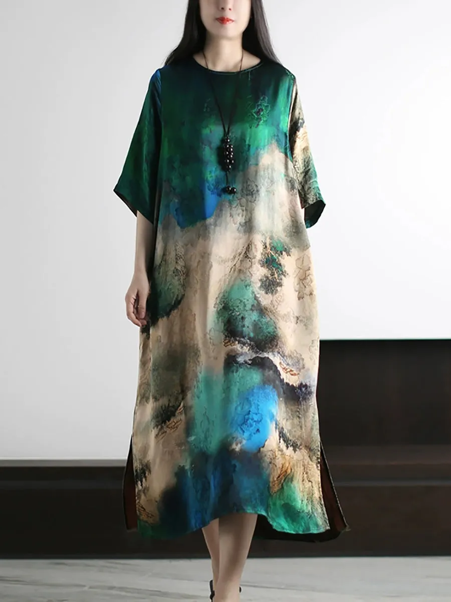 Women Summer Artsy Print O-Neck Silk Loose Dress