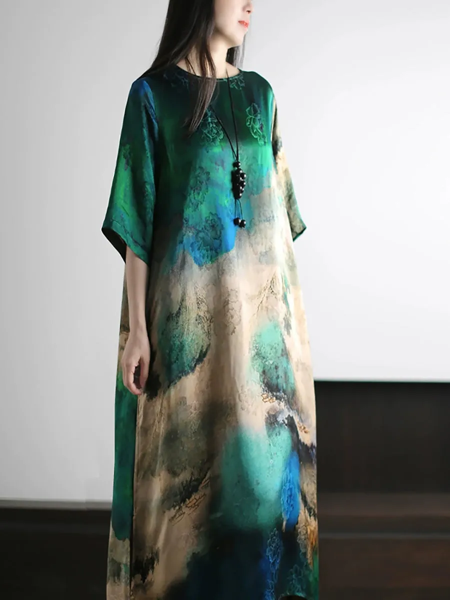 Women Summer Artsy Print O-Neck Silk Loose Dress