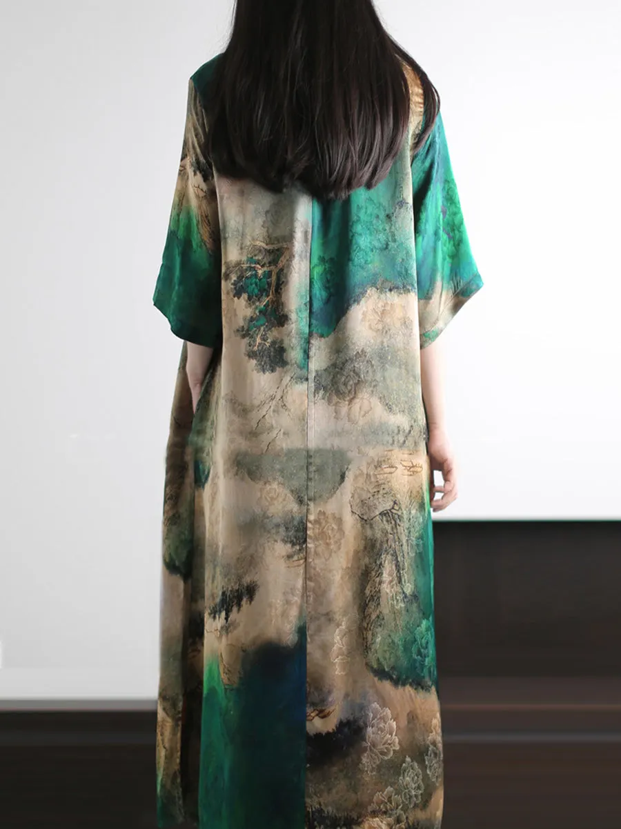 Women Summer Artsy Print O-Neck Silk Loose Dress