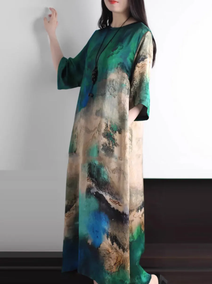 Women Summer Artsy Print O-Neck Silk Loose Dress