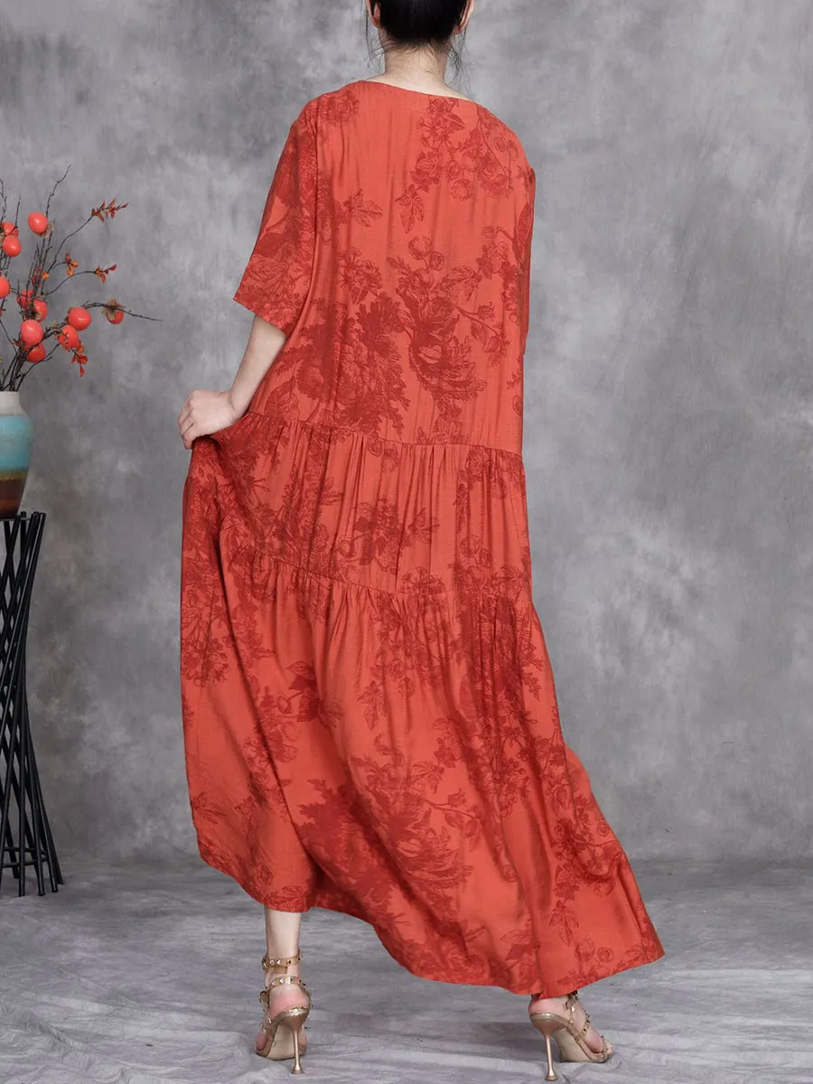 Women Summer Artsy Stripe Flower O-Neck Maxi Dress