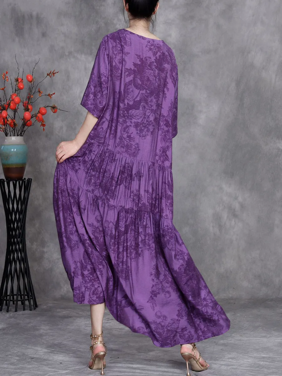 Women Summer Artsy Stripe Flower O-Neck Maxi Dress