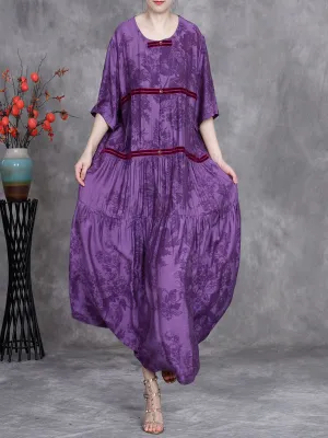 Women Summer Artsy Stripe Flower O-Neck Maxi Dress
