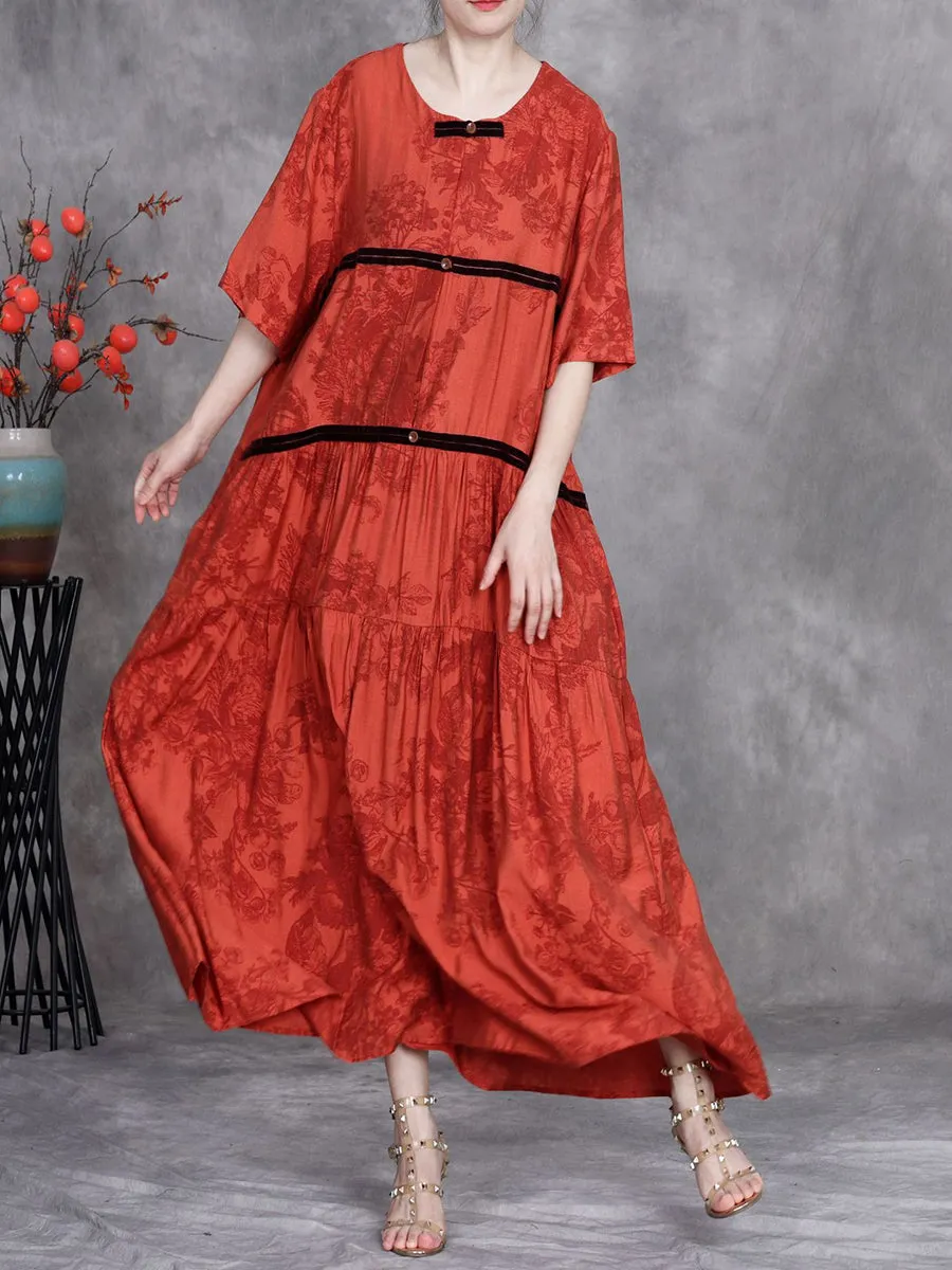 Women Summer Artsy Stripe Flower O-Neck Maxi Dress