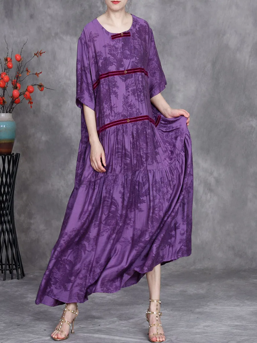 Women Summer Artsy Stripe Flower O-Neck Maxi Dress