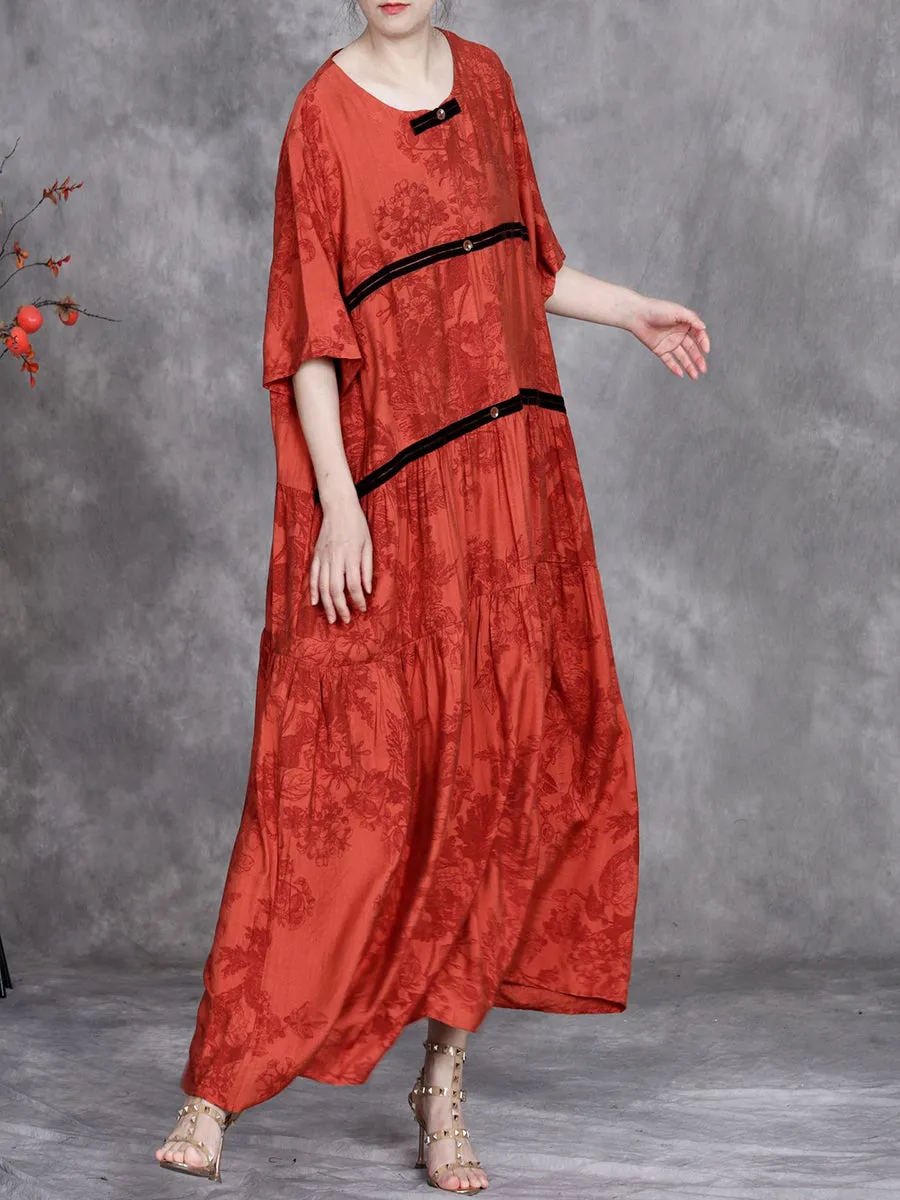 Women Summer Artsy Stripe Flower O-Neck Maxi Dress