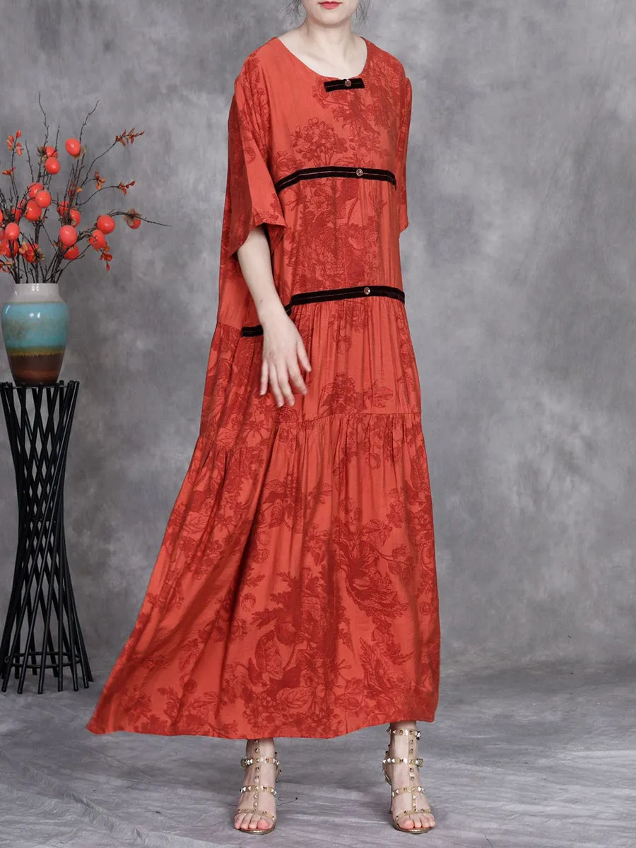Women Summer Artsy Stripe Flower O-Neck Maxi Dress