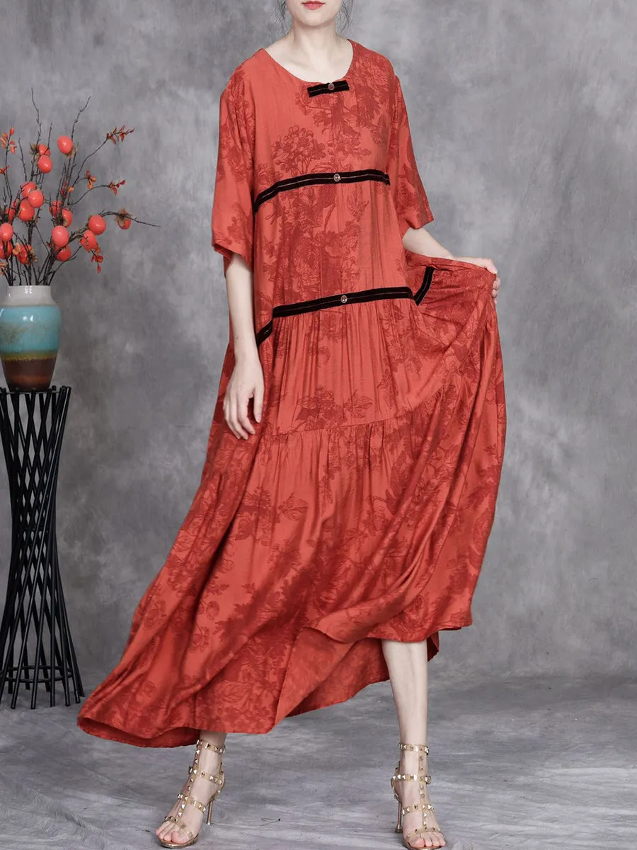 Women Summer Artsy Stripe Flower O-Neck Maxi Dress