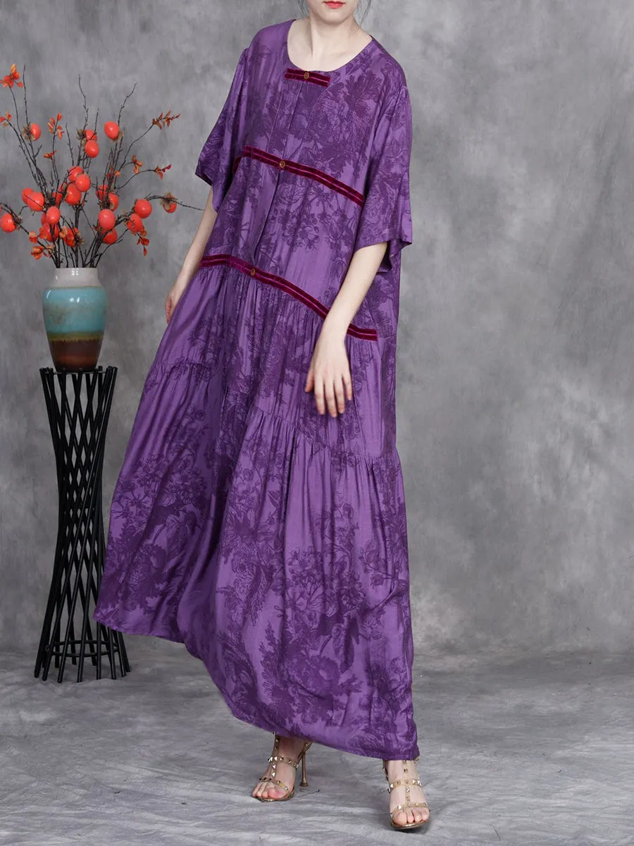 Women Summer Artsy Stripe Flower O-Neck Maxi Dress
