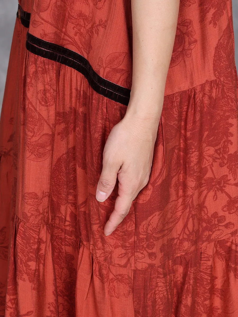 Women Summer Artsy Stripe Flower O-Neck Maxi Dress