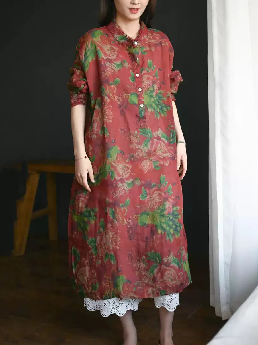 Women Summer Flower Stand Collar Linen Loose Dress