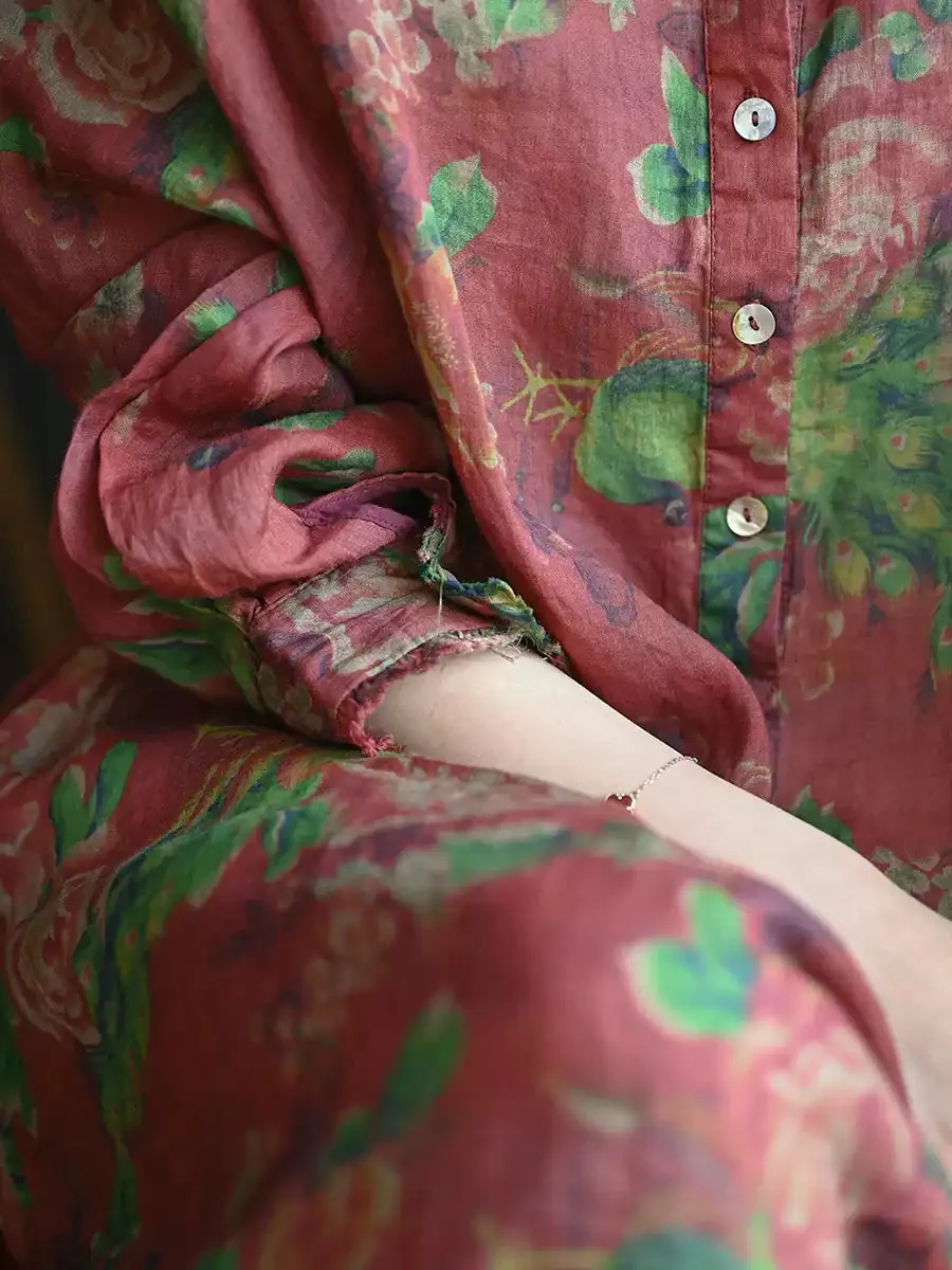 Women Summer Flower Stand Collar Linen Loose Dress