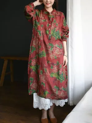 Women Summer Flower Stand Collar Linen Loose Dress