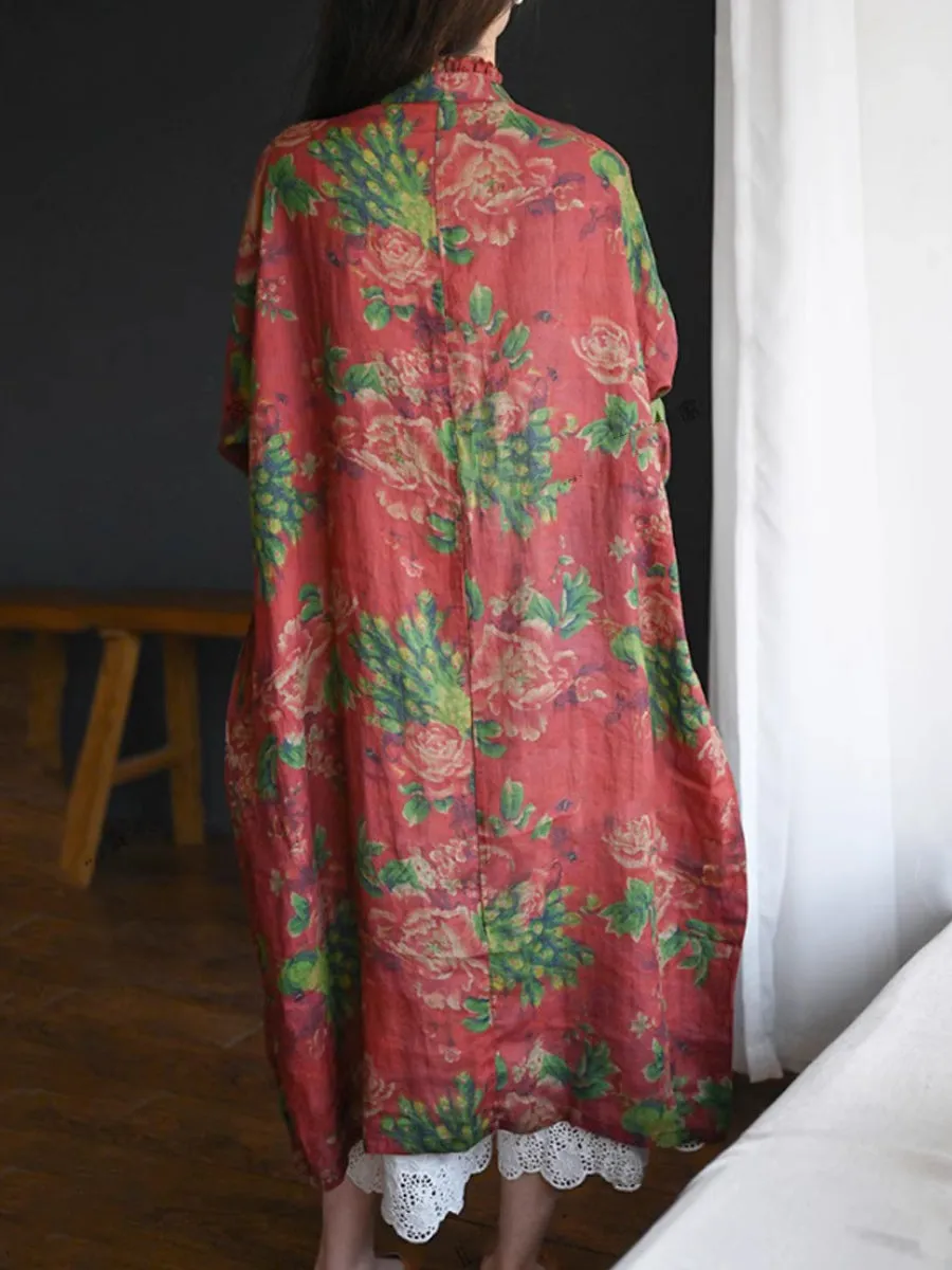 Women Summer Flower Stand Collar Linen Loose Dress