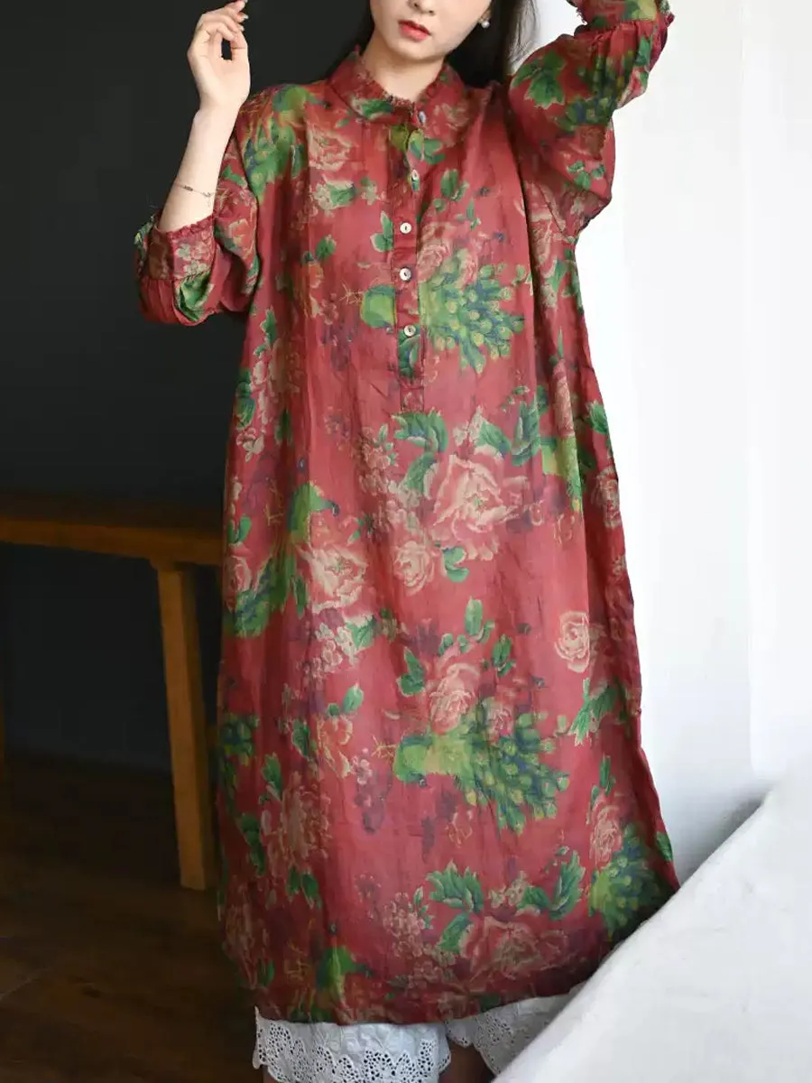 Women Summer Flower Stand Collar Linen Loose Dress