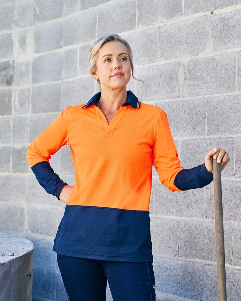 Womens Hi Vis V Neck LS Polo - Orange/Navy