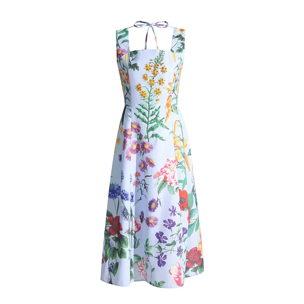 Women's Loose Summer Dress Square Collar Sleeveless Floral Print Midi Dresses