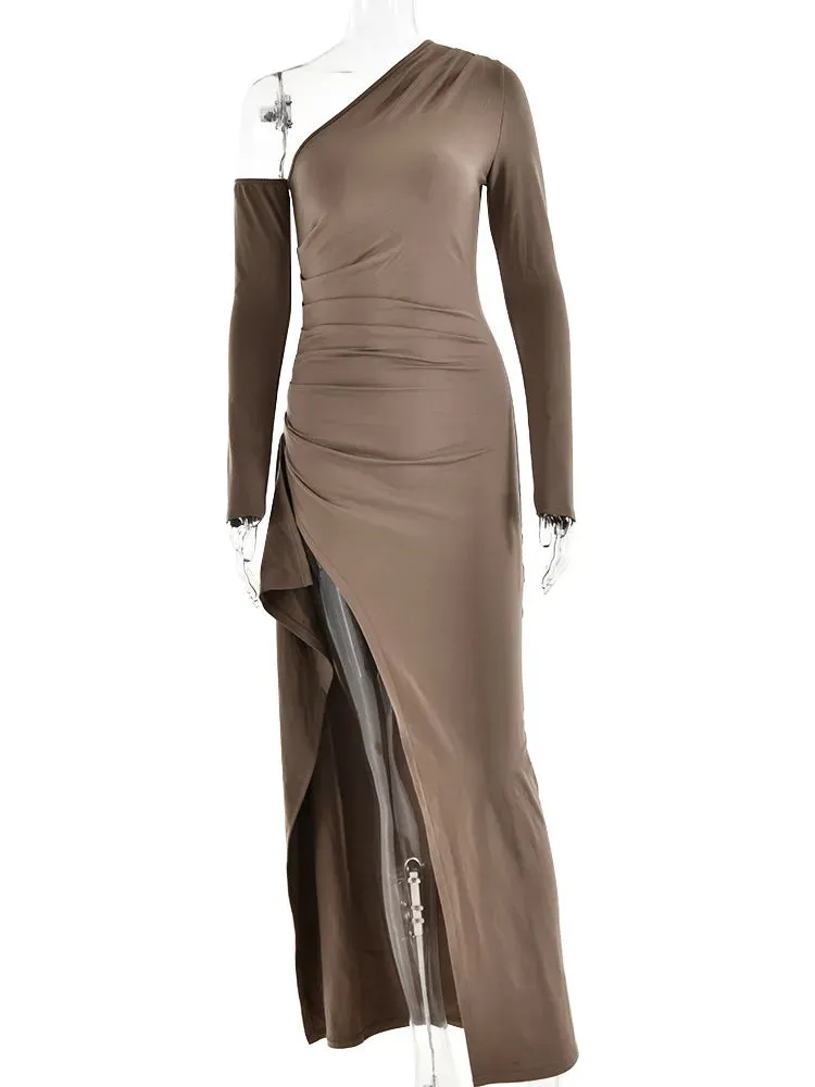 Women's Oblique Shoulder Thigh-High Split Maxi Dress Long Sleeve Half Backless Bodycon Sexy Wedding Prom Dress