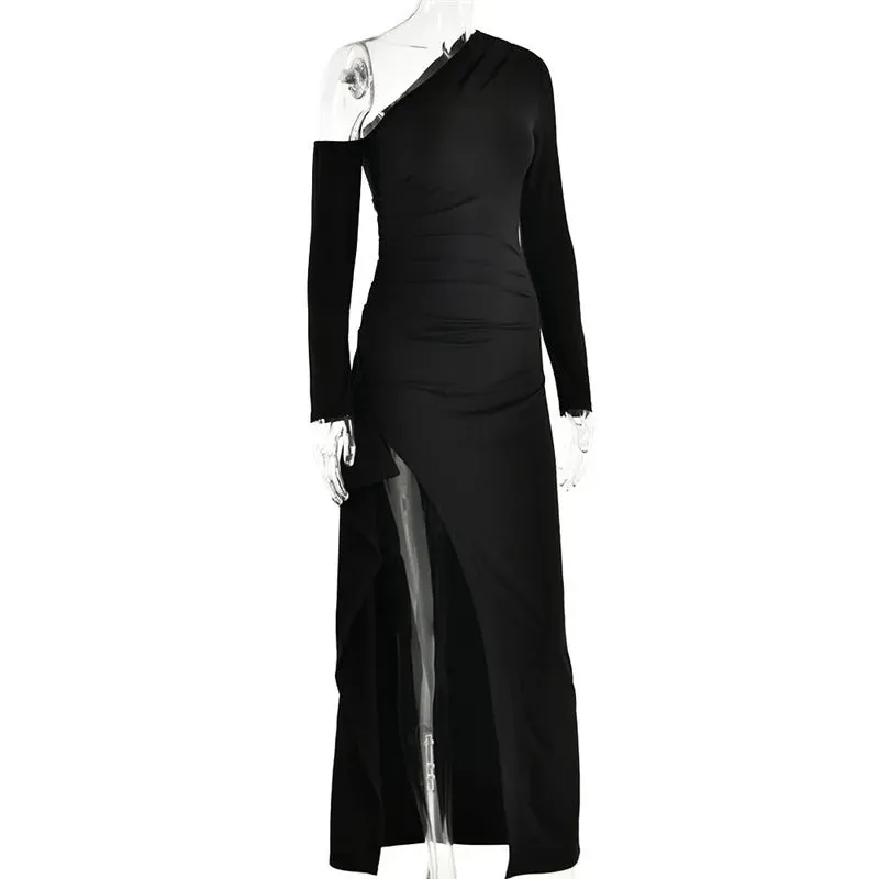 Women's Oblique Shoulder Thigh-High Split Maxi Dress Long Sleeve Half Backless Bodycon Sexy Wedding Prom Dress