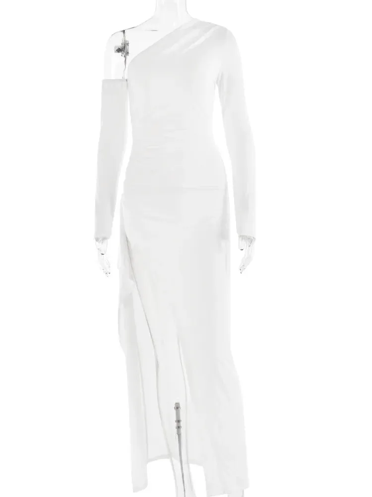 Women's Oblique Shoulder Thigh-High Split Maxi Dress Long Sleeve Half Backless Bodycon Sexy Wedding Prom Dress