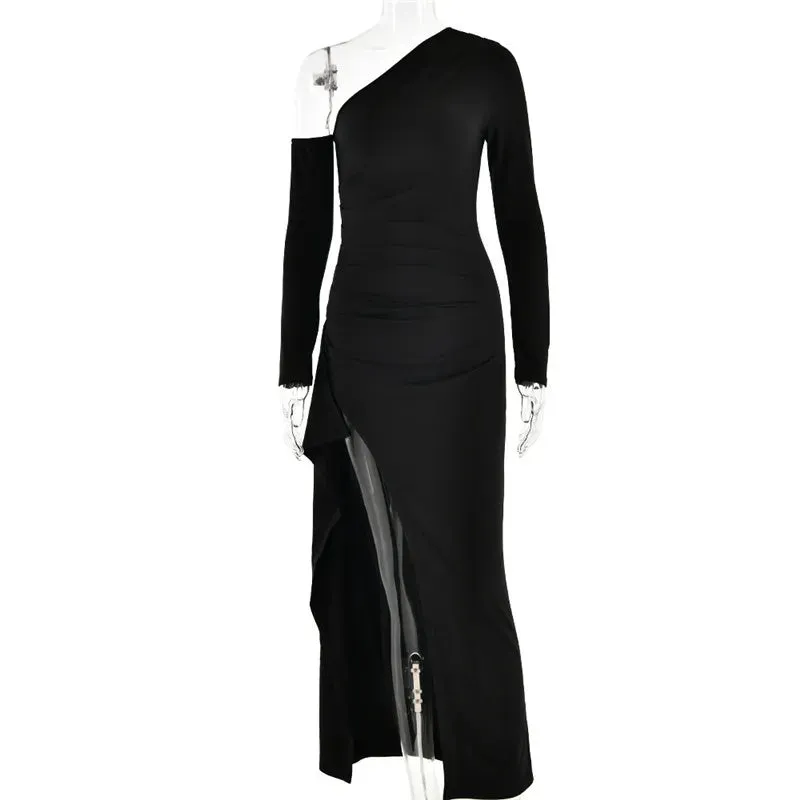 Women's Oblique Shoulder Thigh-High Split Maxi Dress Long Sleeve Half Backless Bodycon Sexy Wedding Prom Dress