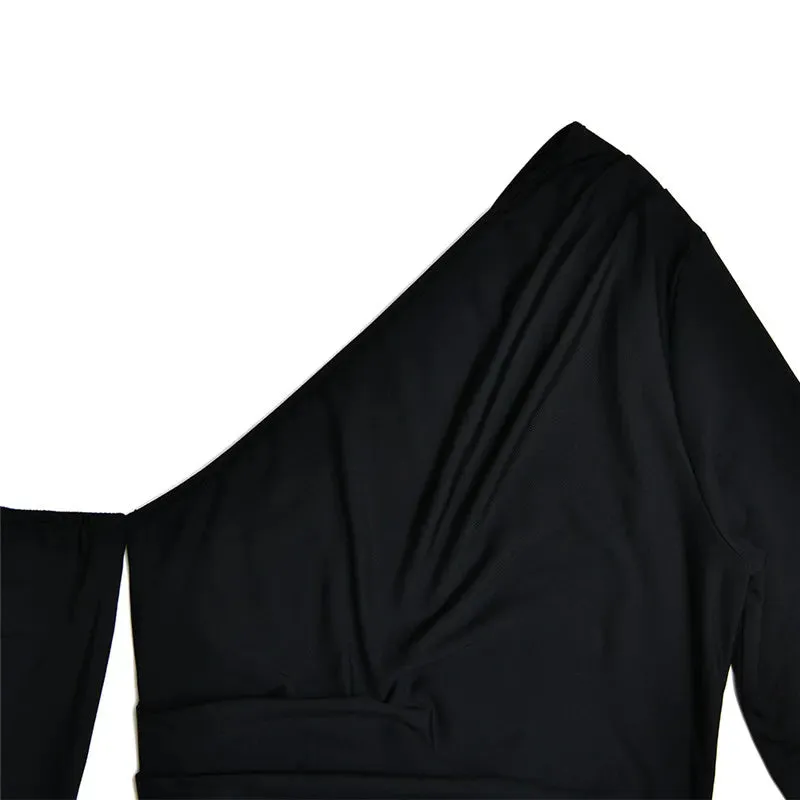 Women's Oblique Shoulder Thigh-High Split Maxi Dress Long Sleeve Half Backless Bodycon Sexy Wedding Prom Dress