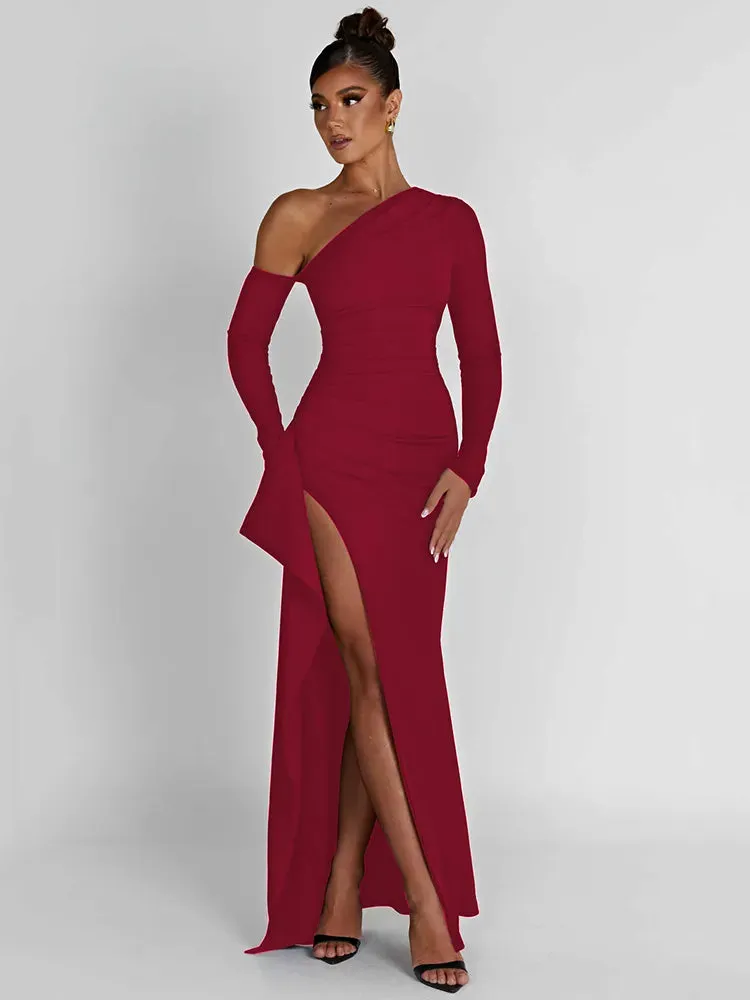 Women's Oblique Shoulder Thigh-High Split Maxi Dress Long Sleeve Half Backless Bodycon Sexy Wedding Prom Dress