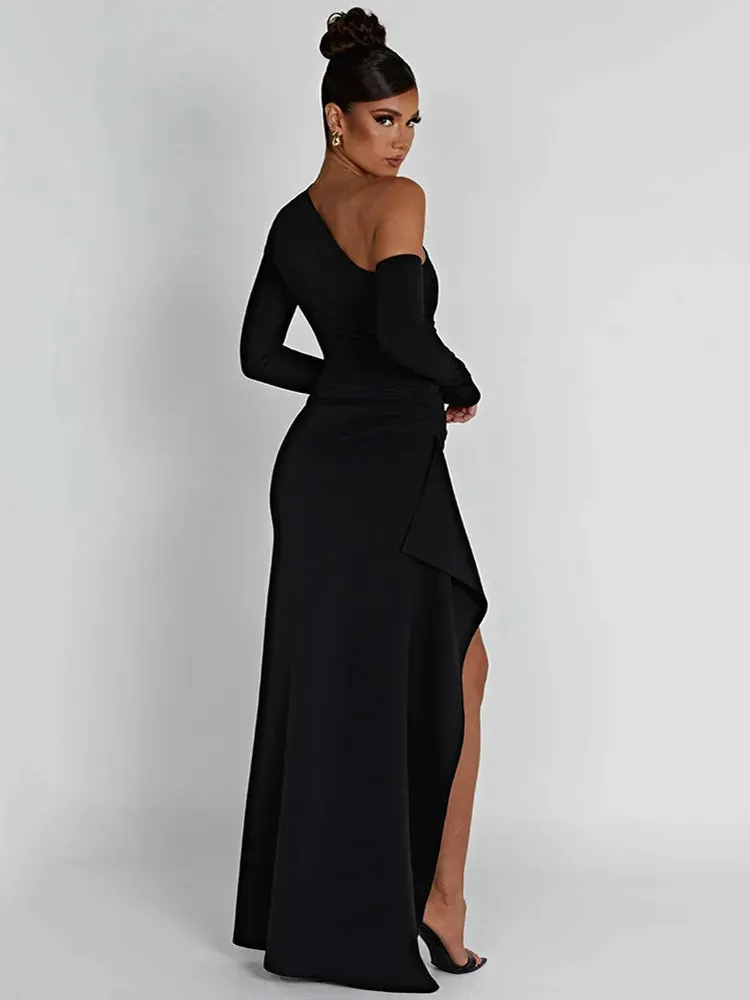 Women's Oblique Shoulder Thigh-High Split Maxi Dress Long Sleeve Half Backless Bodycon Sexy Wedding Prom Dress