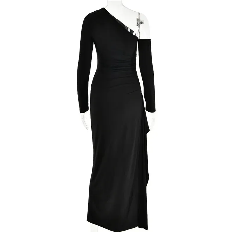 Women's Oblique Shoulder Thigh-High Split Maxi Dress Long Sleeve Half Backless Bodycon Sexy Wedding Prom Dress