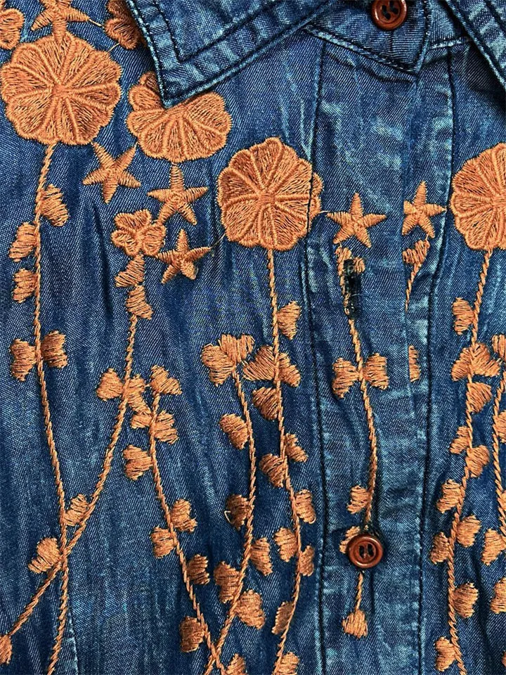 Women's Orange Leaf Embroidery Lapel Button Blue Denim Dress