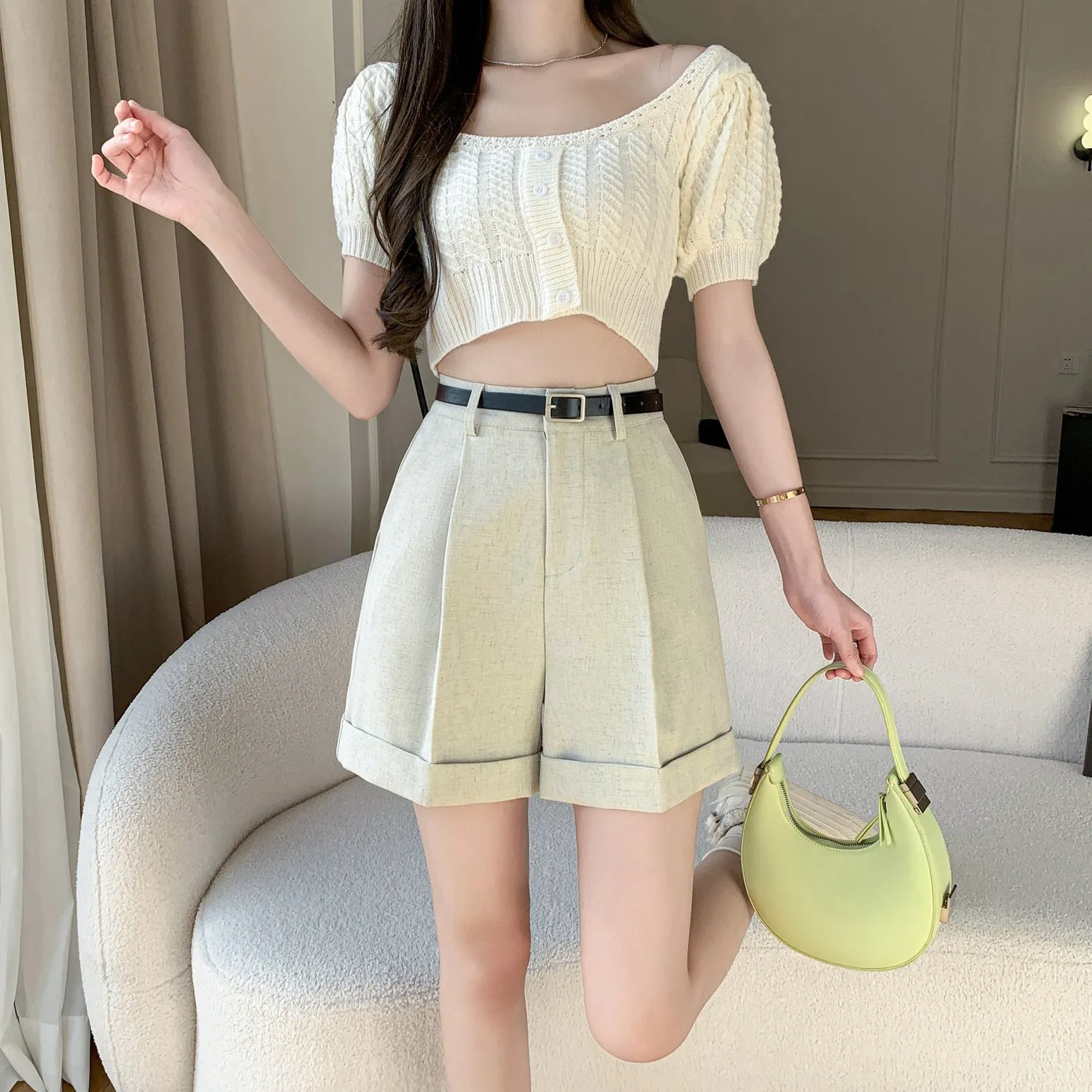Women's rolled-up wide leg chino shorts in solid colors for casual days