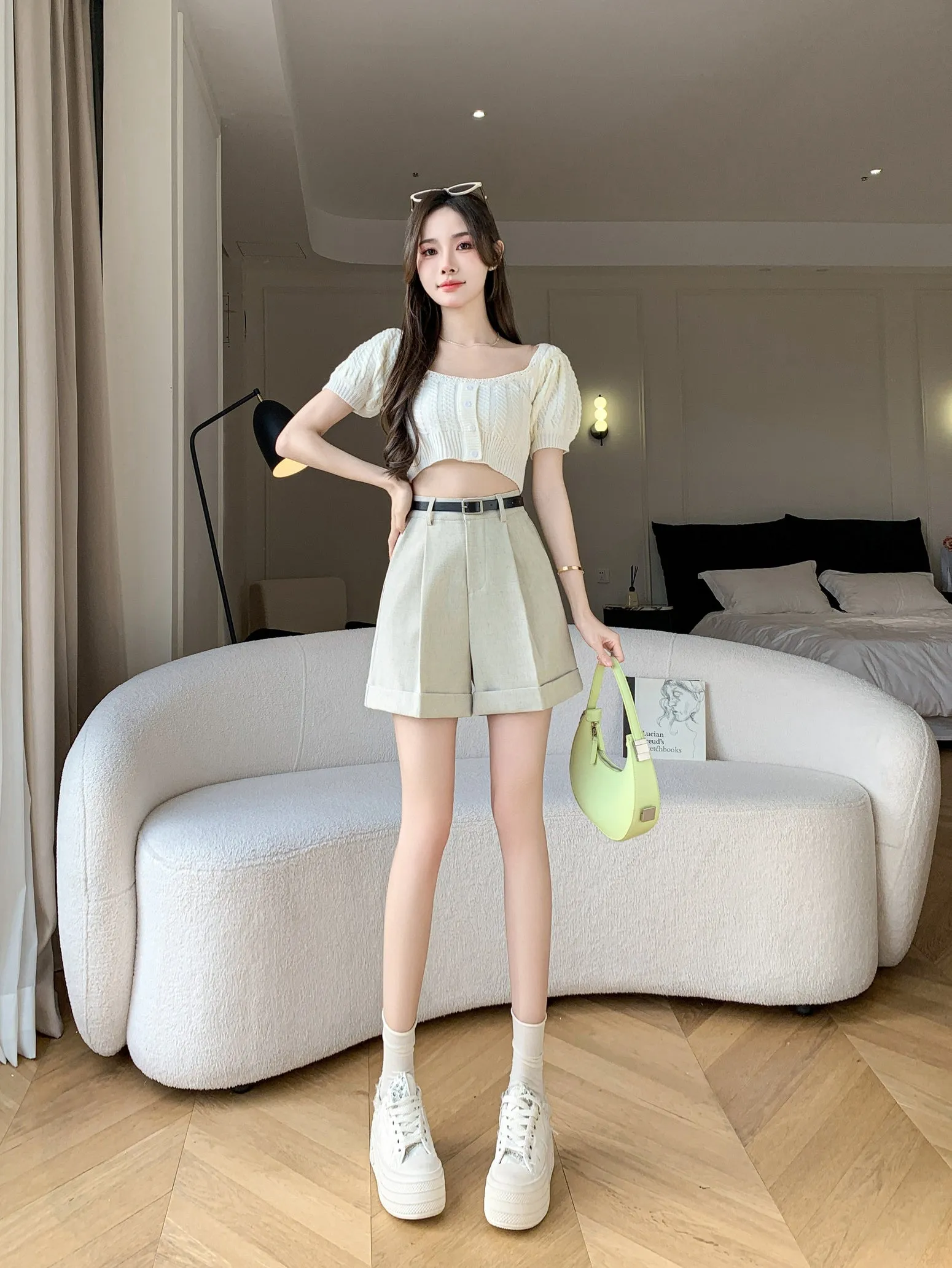 Women's rolled-up wide leg chino shorts in solid colors for casual days