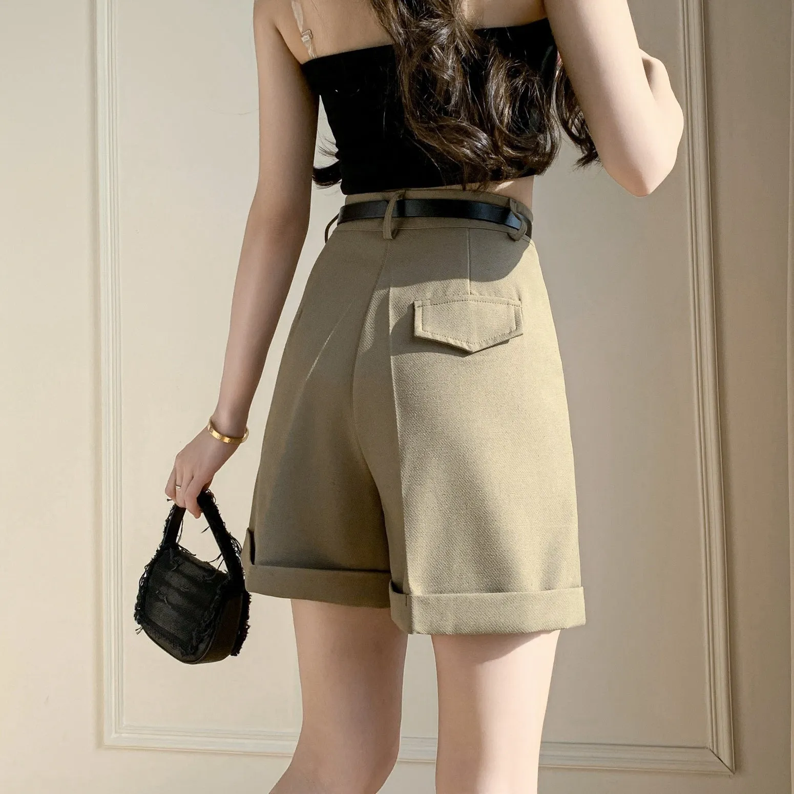 Women's rolled-up wide leg chino shorts in solid colors for casual days