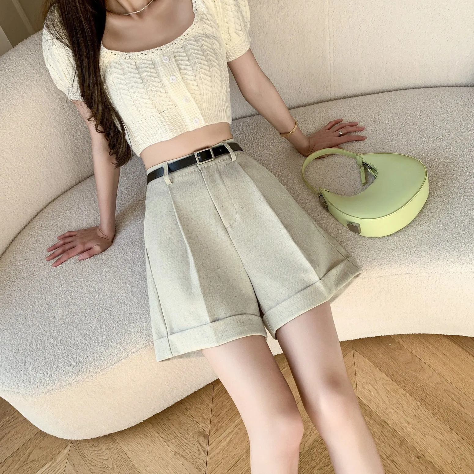 Women's rolled-up wide leg chino shorts in solid colors for casual days