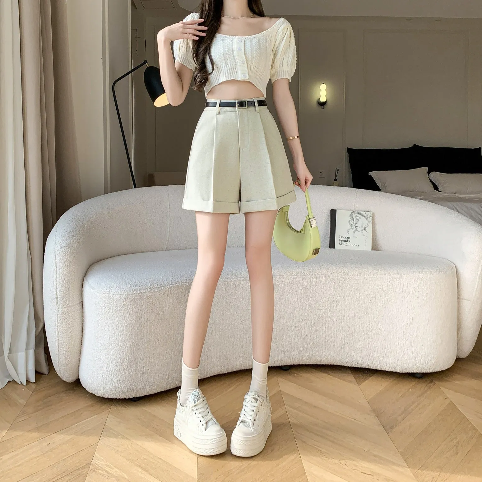 Women's rolled-up wide leg chino shorts in solid colors for casual days
