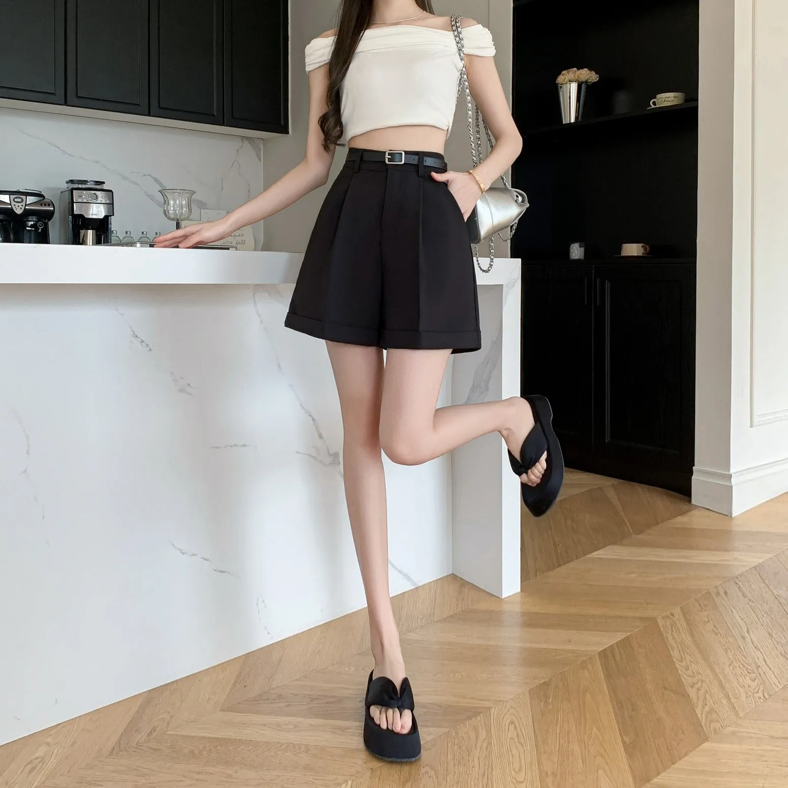Women's rolled-up wide leg chino shorts in solid colors for casual days