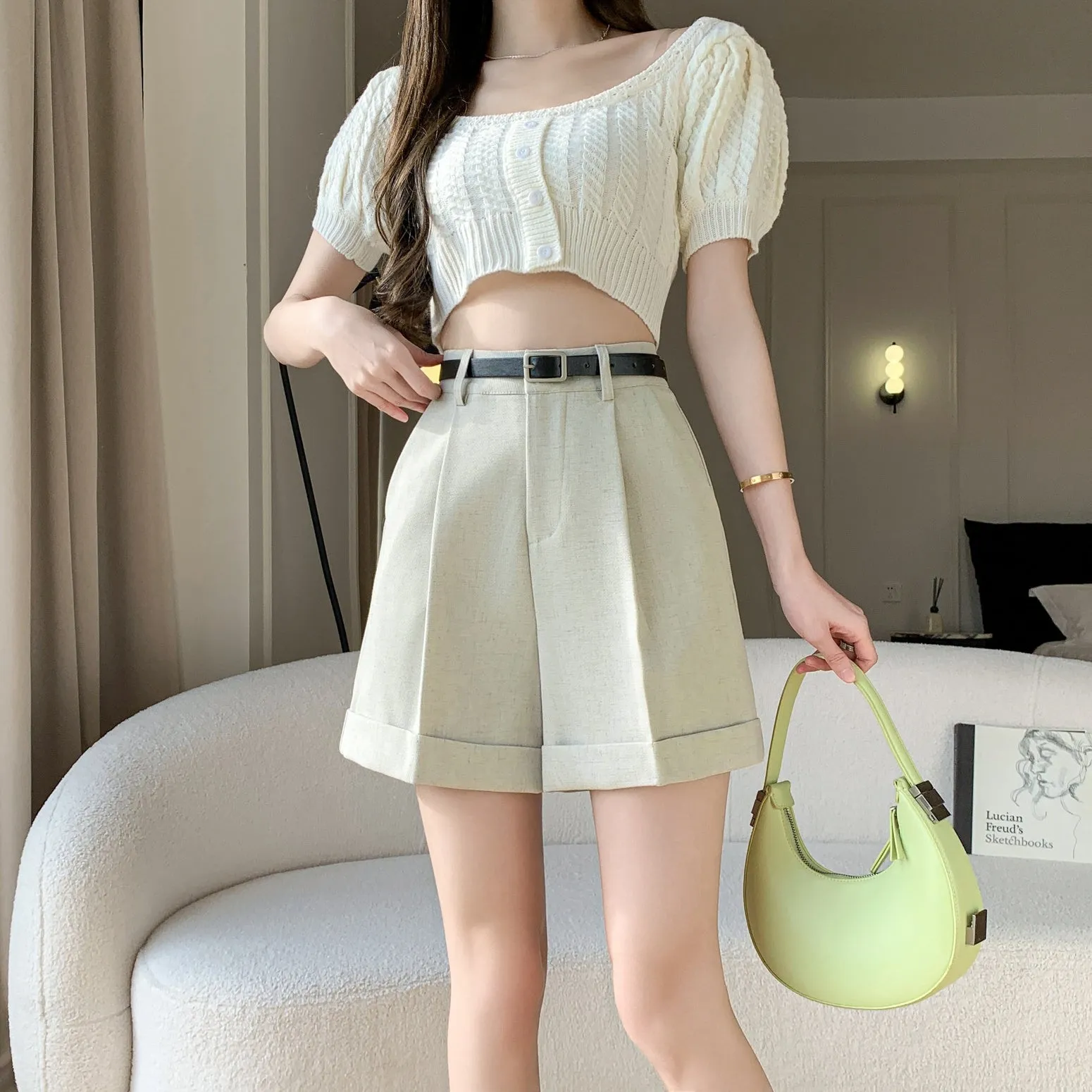 Women's rolled-up wide leg chino shorts in solid colors for casual days
