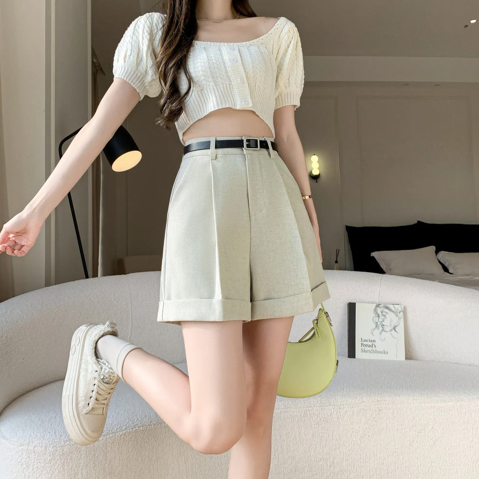 Women's rolled-up wide leg chino shorts in solid colors for casual days