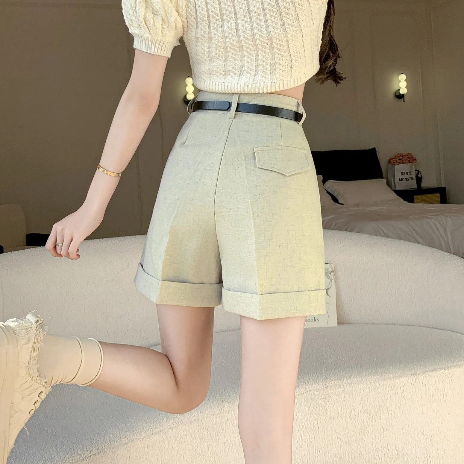 Women's rolled-up wide leg chino shorts in solid colors for casual days