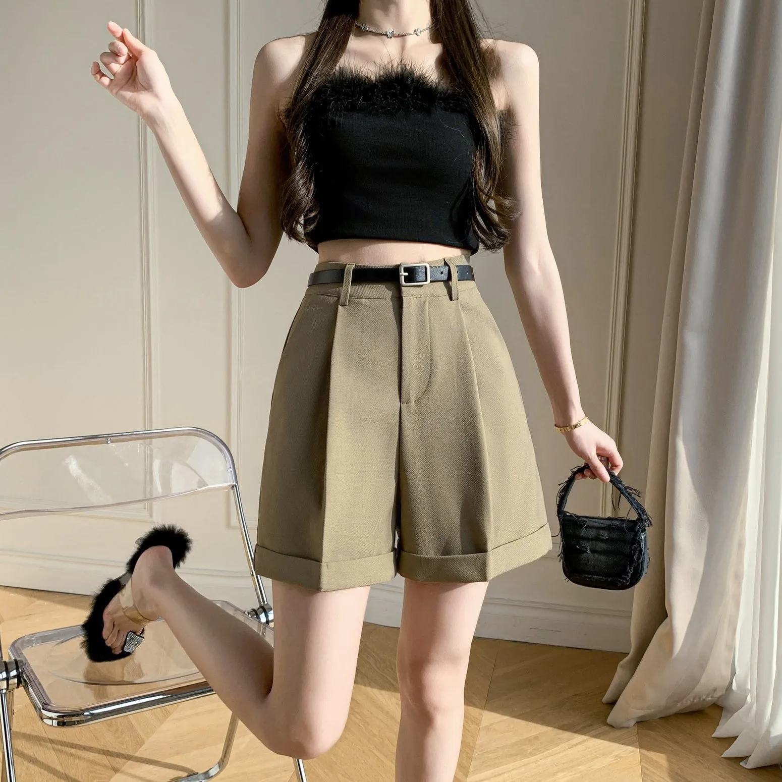 Women's rolled-up wide leg chino shorts in solid colors for casual days