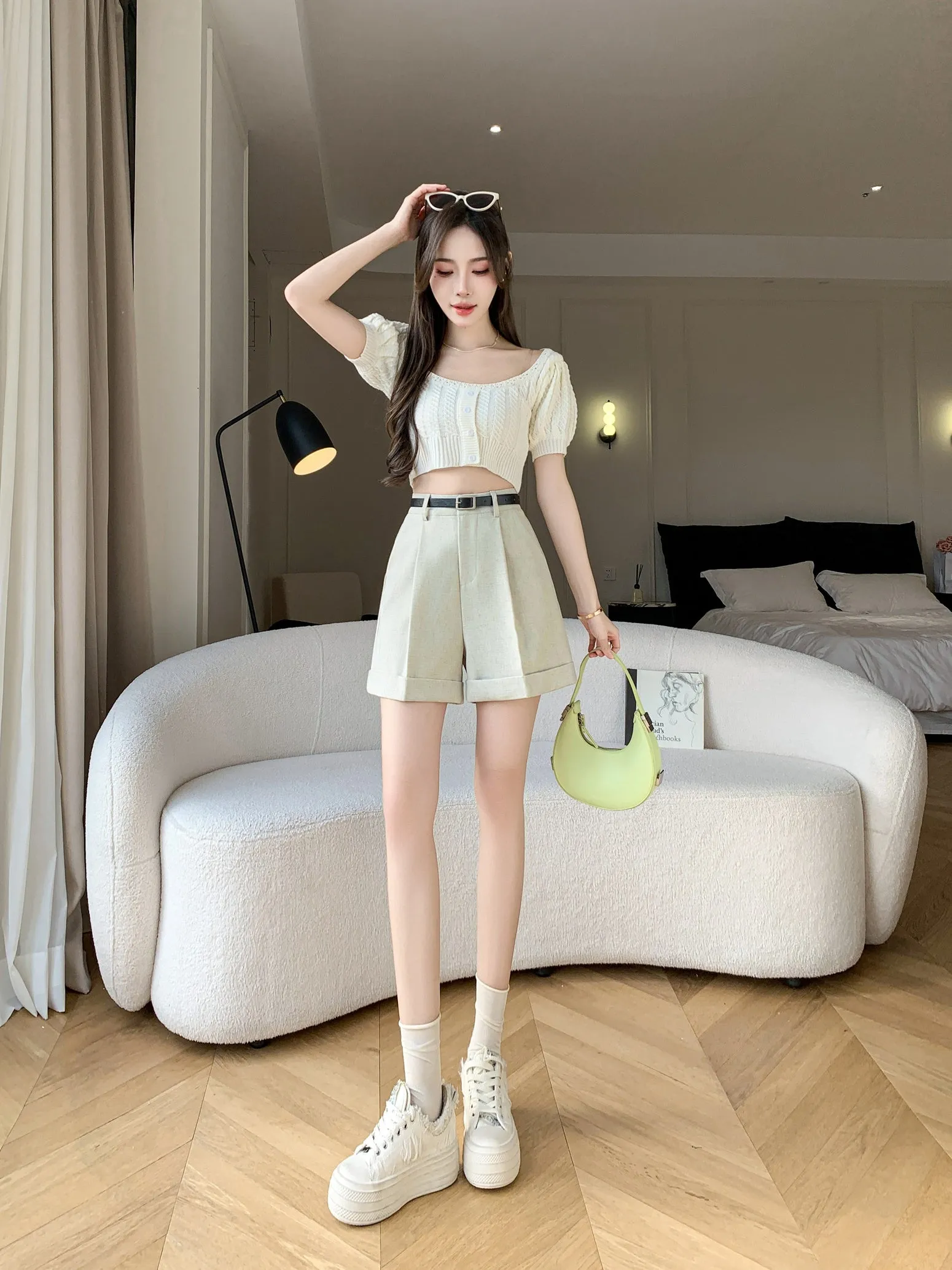 Women's rolled-up wide leg chino shorts in solid colors for casual days