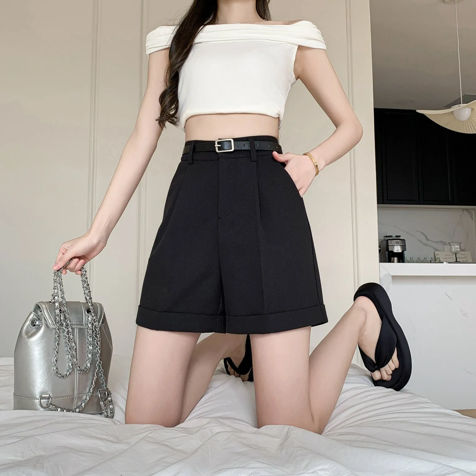 Women's rolled-up wide leg chino shorts in solid colors for casual days
