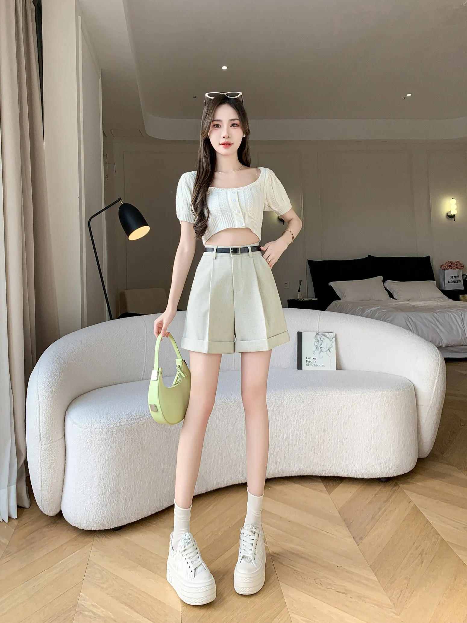 Women's rolled-up wide leg chino shorts in solid colors for casual days