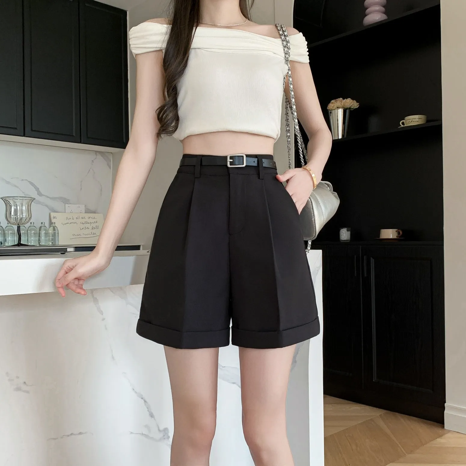 Women's rolled-up wide leg chino shorts in solid colors for casual days