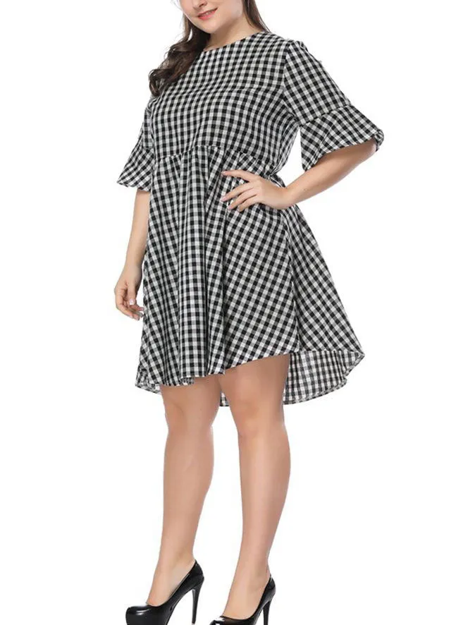 XL Plaid Trumpet Sleeve Loose Dress Fat Sister