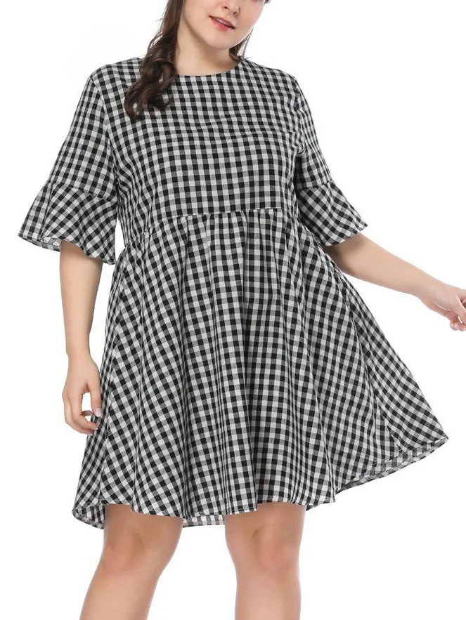 XL Plaid Trumpet Sleeve Loose Dress Fat Sister