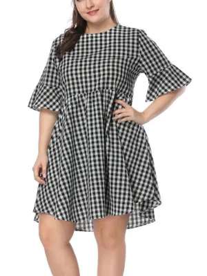 XL Plaid Trumpet Sleeve Loose Dress Fat Sister