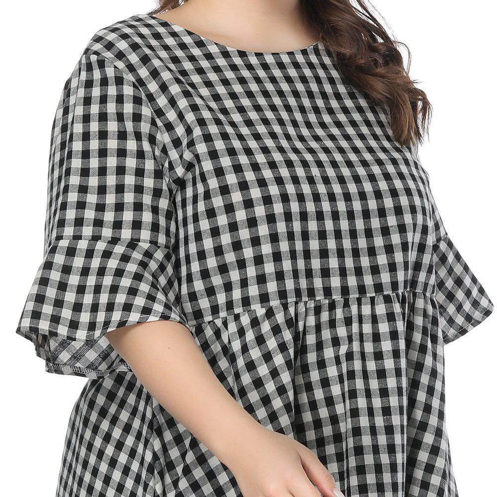 XL Plaid Trumpet Sleeve Loose Dress Fat Sister